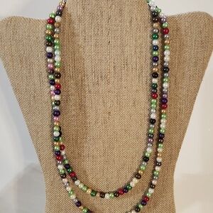 Hand Crafted Bead Soup Pearl Beaded Necklace 47 Inches Long Multicolor